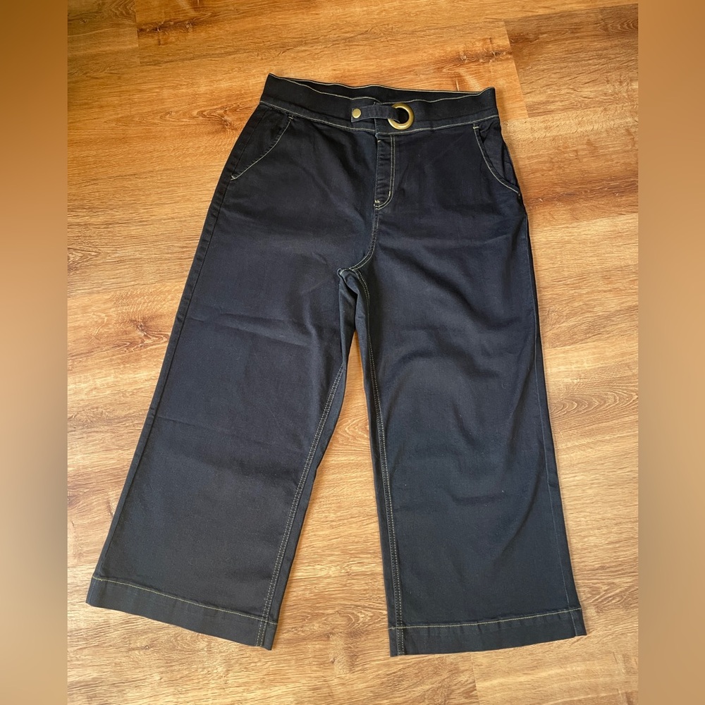 Betabrand‎ wide leg jeans stretchy PETITE XL dark wash buckle snap comfortable